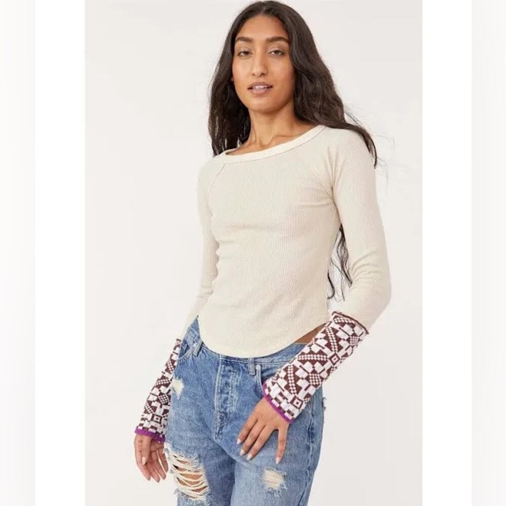 Free People She’s Reversible Cream Textured Long Sleeve Thermal Shirt Size Small